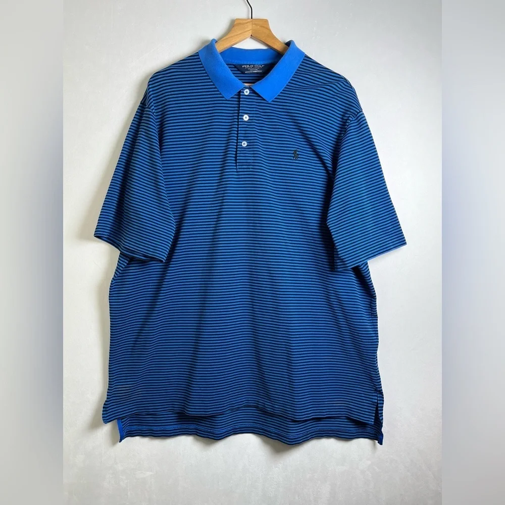 Polo Ralph Lauren Golf Men XXL Striped Polo Shirt Blue Black Pony Rider Logo